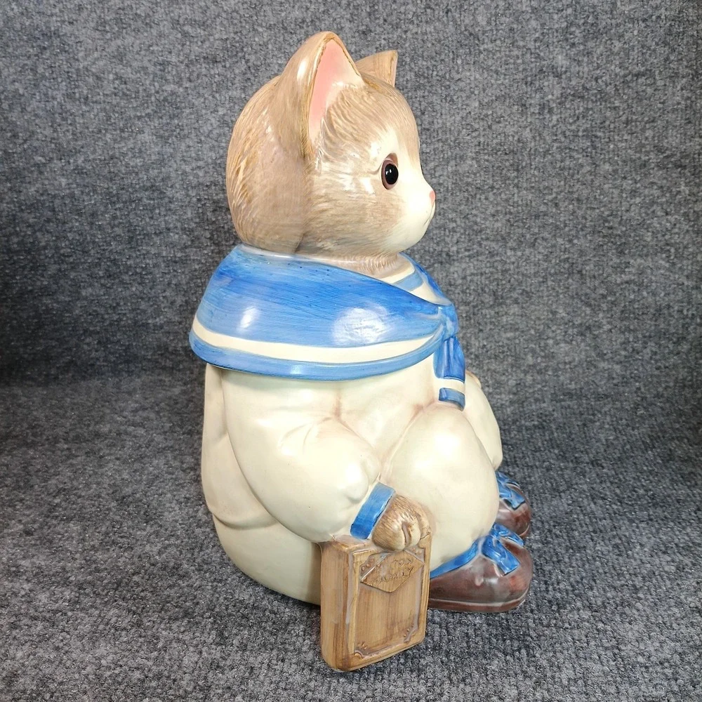 Vintage Cat Cookie Jar Ceramic Sailor Kitten Blue White Anthropomorphic Japan